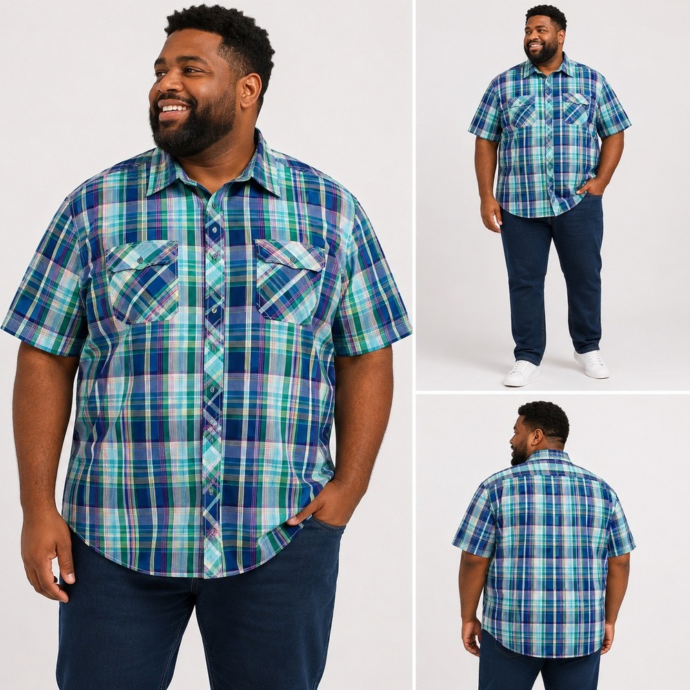 Blac Lacquer Shirt Short Sleeve Multicolor Plaid‎ Casual Epaulets Mens 4XL
